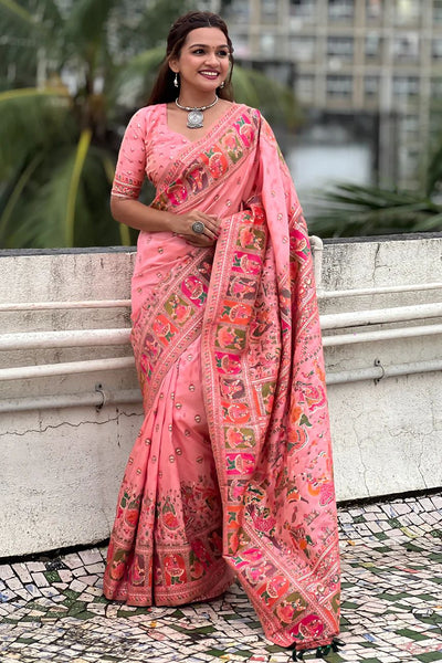 Ailurophile Pink Nylon Dola Pashmina Saree With Vestigial Blouse Piece
