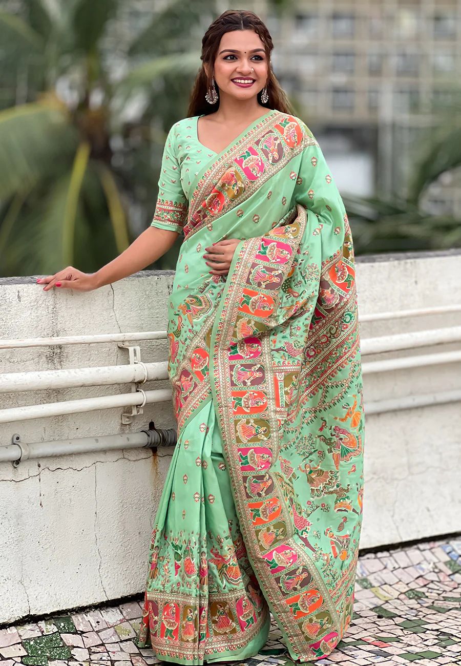 Desiring Pista Nylon Dola Pashmina Saree With Mesmeric Blouse Piece