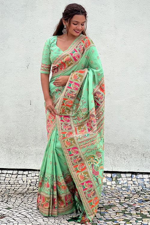 Load image into Gallery viewer, Desiring Pista Nylon Dola Pashmina Saree With Mesmeric Blouse Piece
