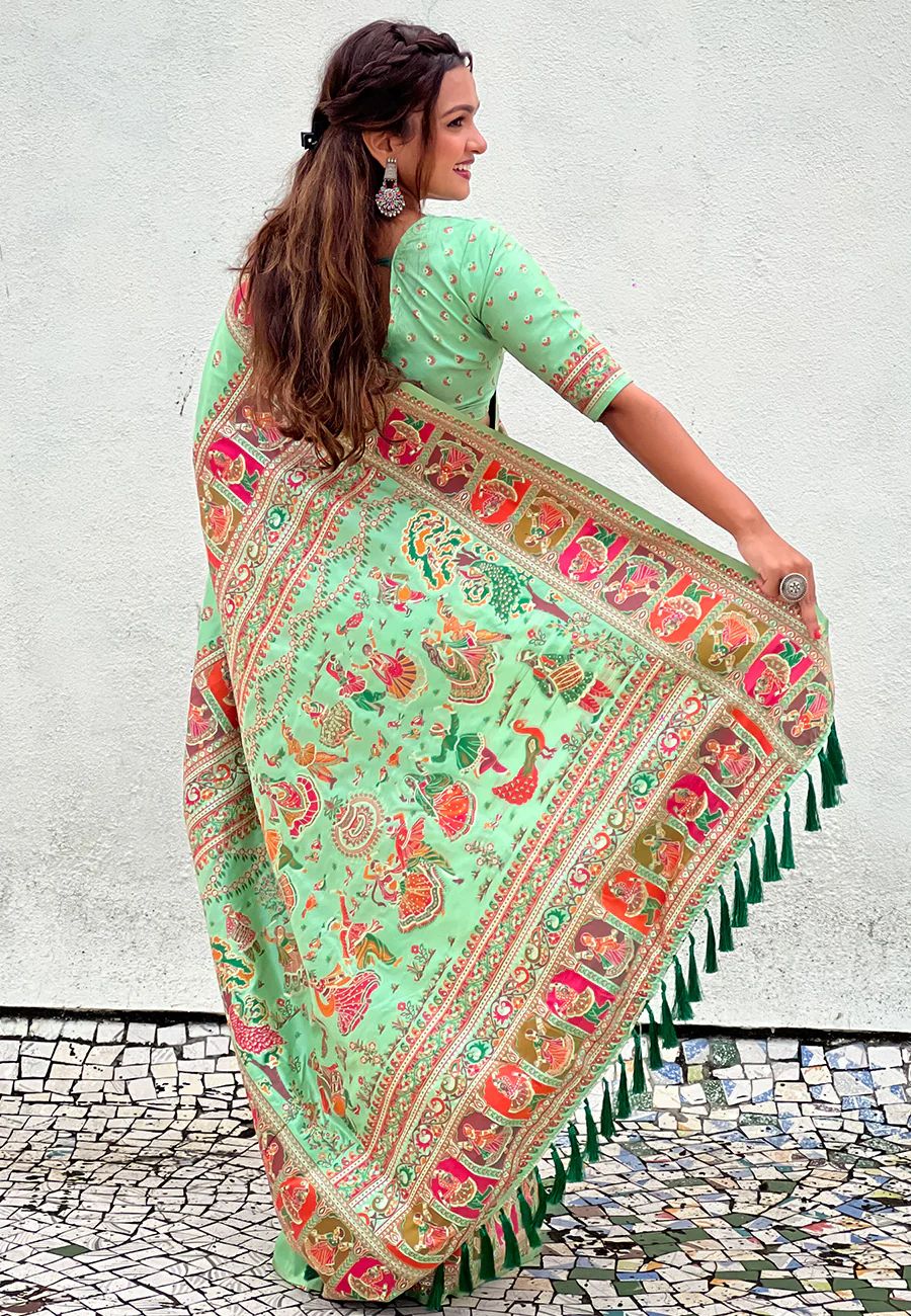 Desiring Pista Nylon Dola Pashmina Saree With Mesmeric Blouse Piece