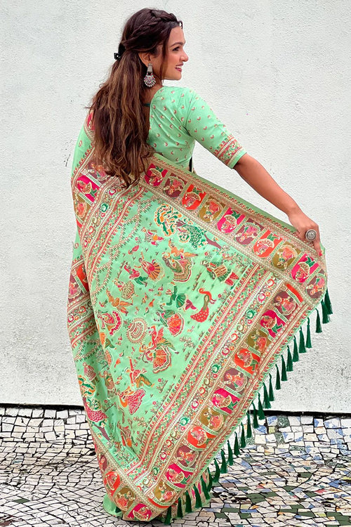Load image into Gallery viewer, Desiring Pista Nylon Dola Pashmina Saree With Mesmeric Blouse Piece
