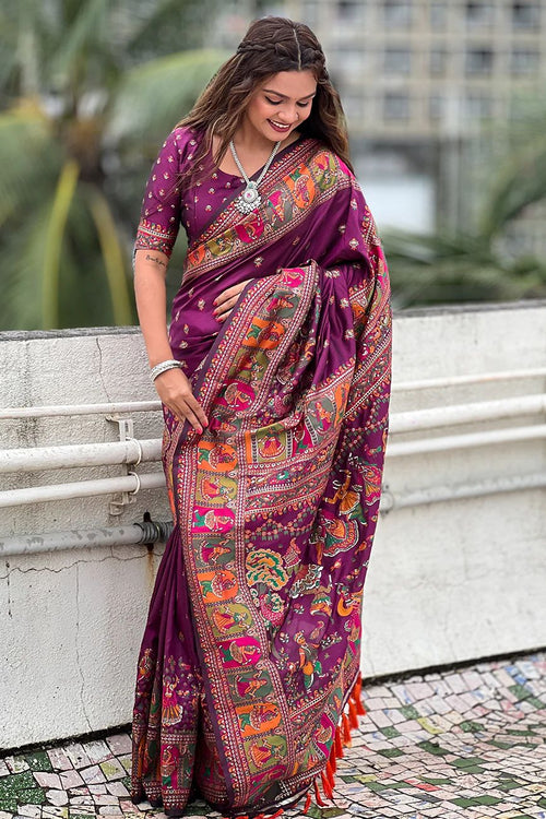 Load image into Gallery viewer, Bewitching Purple Nylon Dola Pashmina Saree With Mesmerising Blouse Piece
