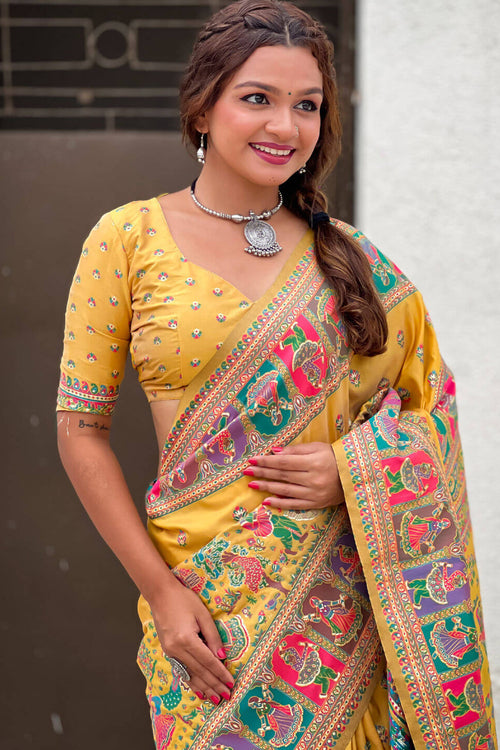 Load image into Gallery viewer, Unequalled Yellow Nylon Dola Pashmina Saree With Designer Blouse Piece
