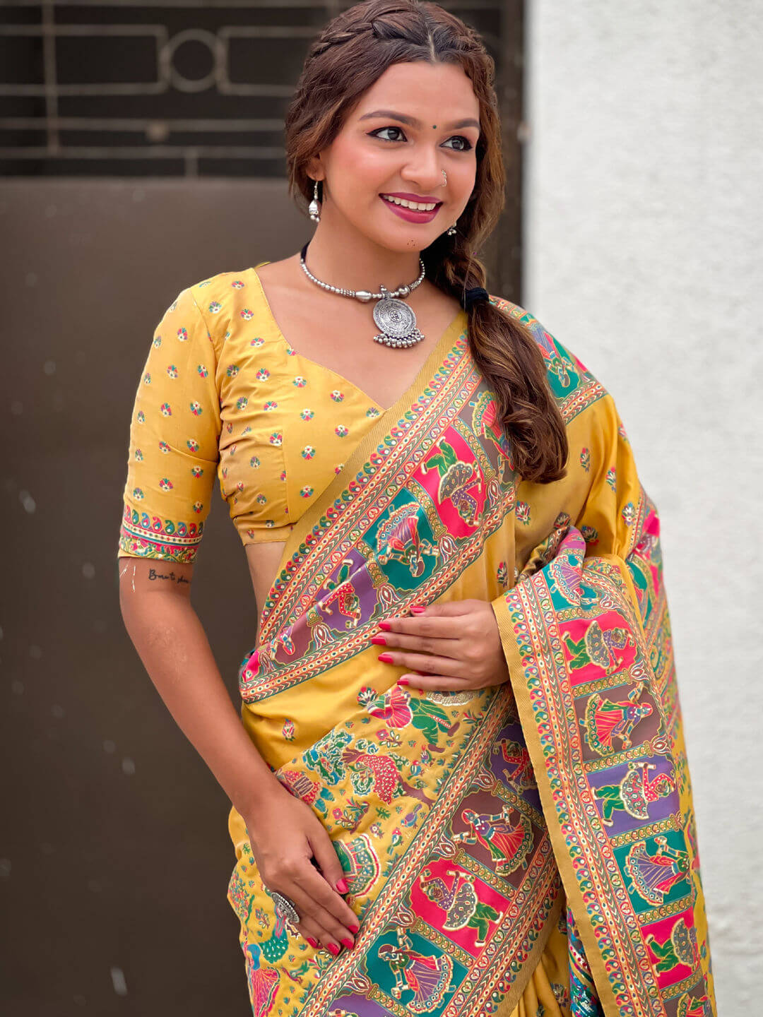 Unequalled Yellow Nylon Dola Pashmina Saree With Designer Blouse Piece