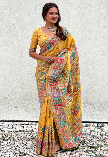 Unequalled Yellow Nylon Dola Pashmina Saree With Designer Blouse Piece