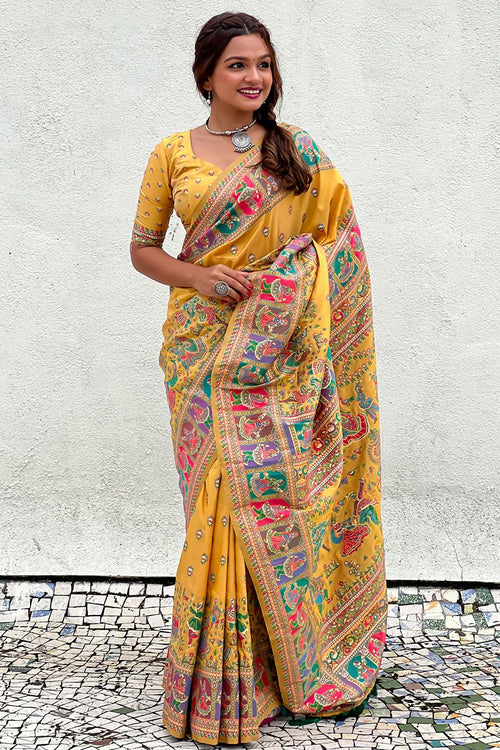 Load image into Gallery viewer, Unequalled Yellow Nylon Dola Pashmina Saree With Designer Blouse Piece
