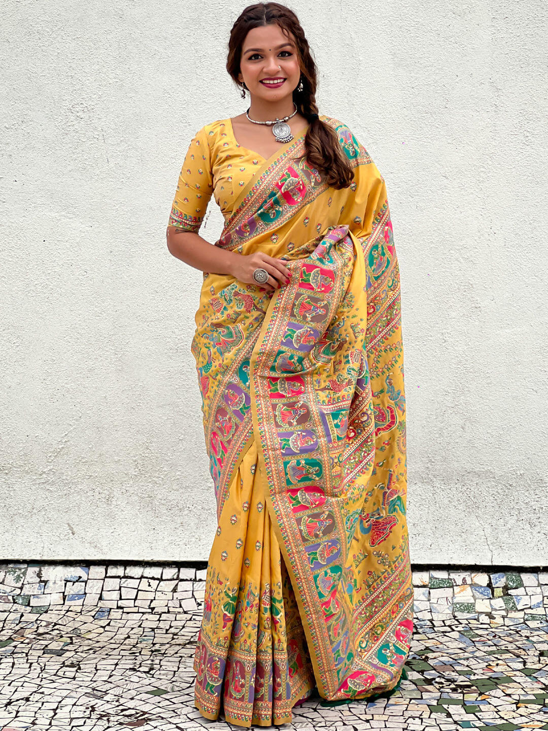 Unequalled Yellow Nylon Dola Pashmina Saree With Designer Blouse Piece