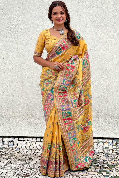Load image into Gallery viewer, Unequalled Yellow Nylon Dola Pashmina Saree With Designer Blouse Piece
