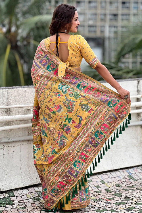 Load image into Gallery viewer, Unequalled Yellow Nylon Dola Pashmina Saree With Designer Blouse Piece
