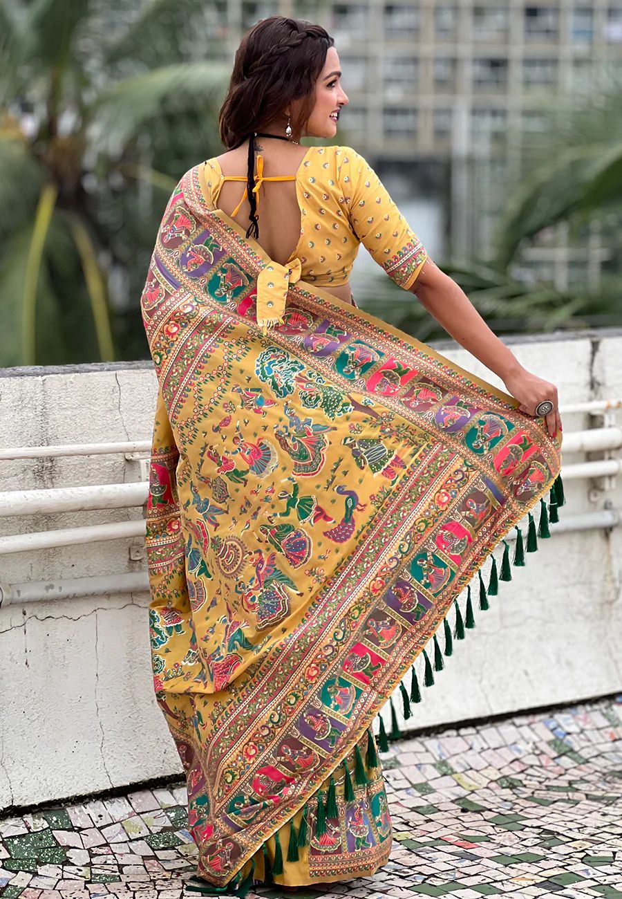 Unequalled Yellow Nylon Dola Pashmina Saree With Designer Blouse Piece