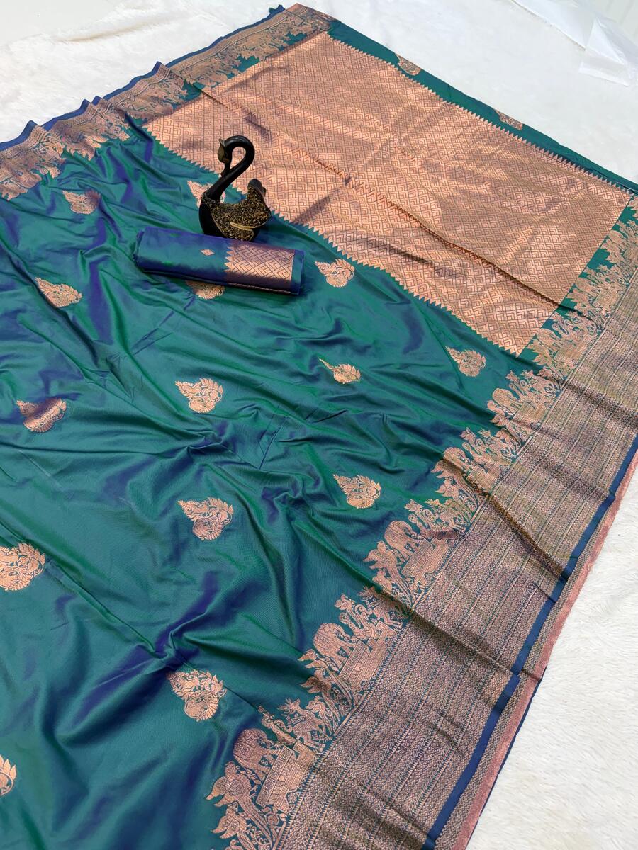 Embellished Rama Soft Banarasi Silk Saree With Gossamer Blouse Piece