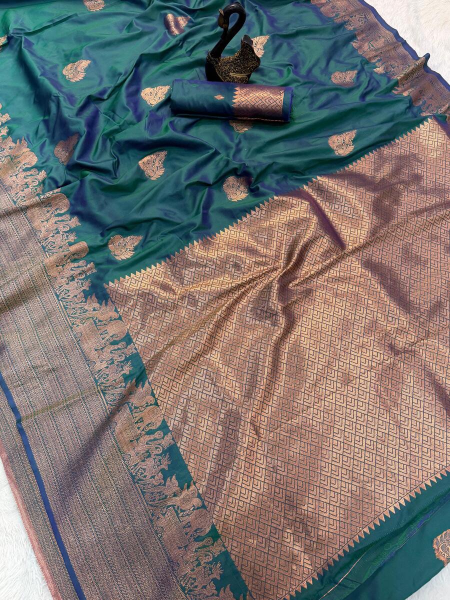 Embellished Rama Soft Banarasi Silk Saree With Gossamer Blouse Piece