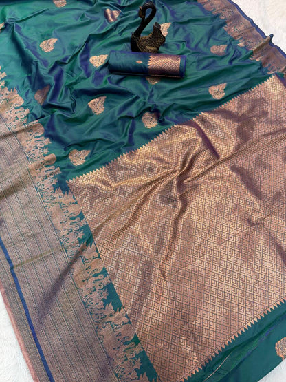 Embellished Rama Soft Banarasi Silk Saree With Gossamer Blouse Piece