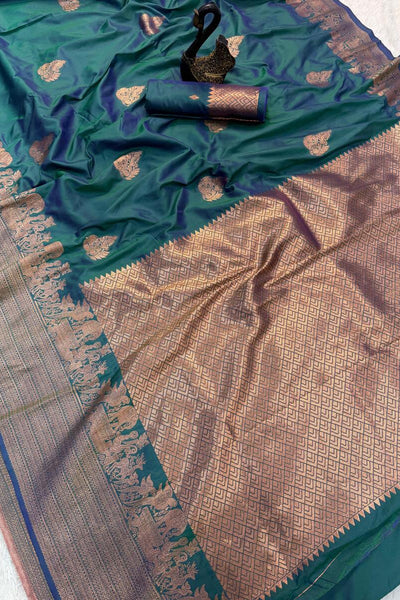 Embellished Rama Soft Banarasi Silk Saree With Gossamer Blouse Piece