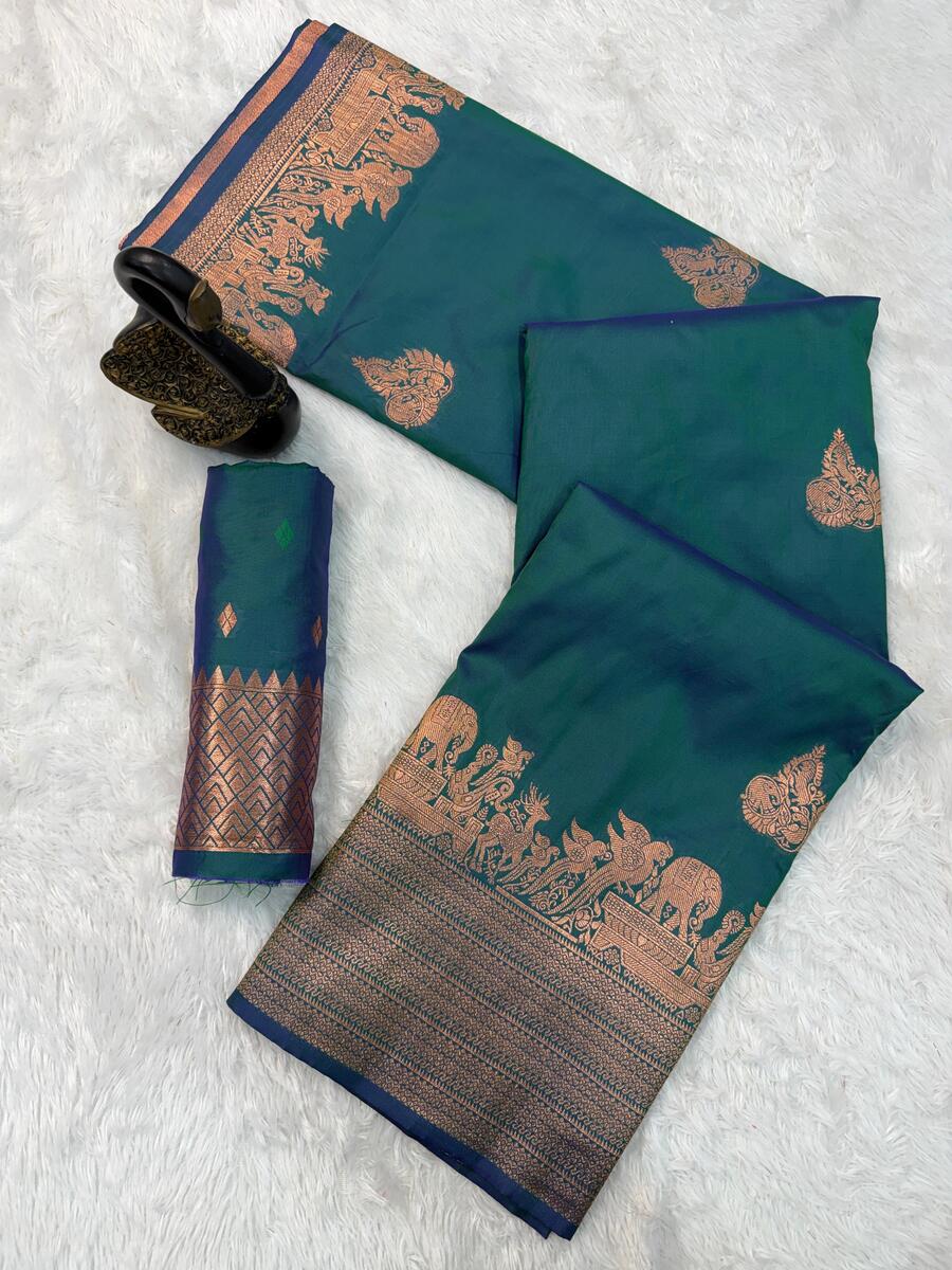 Embellished Rama Soft Banarasi Silk Saree With Gossamer Blouse Piece