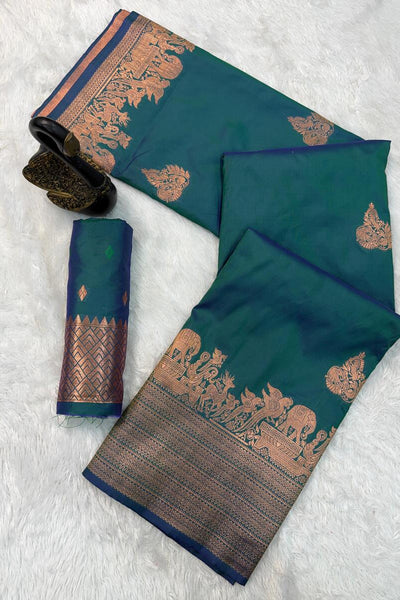 Embellished Rama Soft Banarasi Silk Saree With Gossamer Blouse Piece