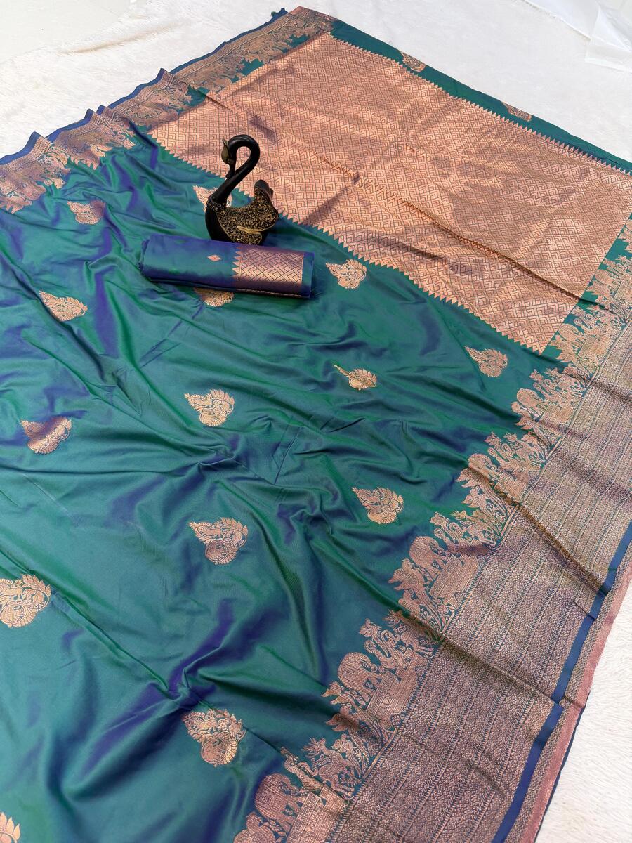 Embellished Rama Soft Banarasi Silk Saree With Gossamer Blouse Piece