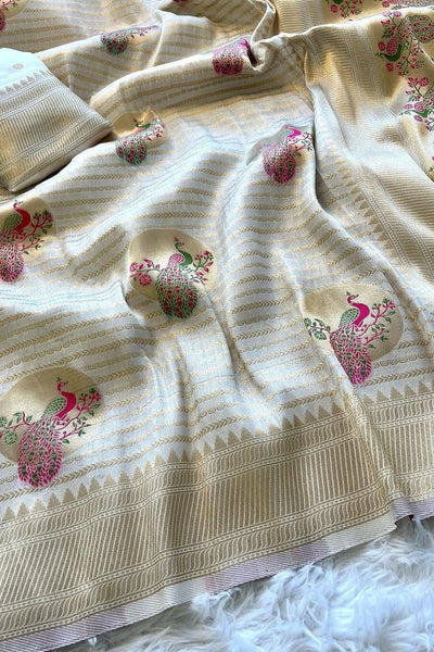 Preferable Beige Soft Banarasi Silk Saree With Angelic Blouse Piece