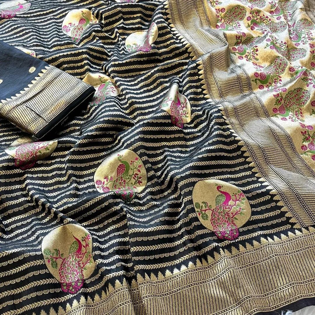 Stylish Black Soft Banarasi Silk Saree With Felicitous Blouse Piece