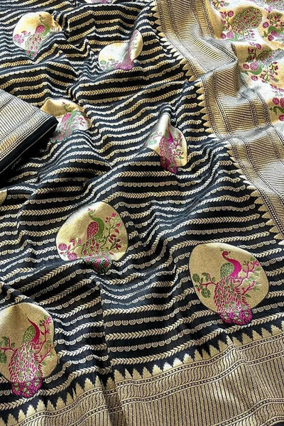 Stylish Black Soft Banarasi Silk Saree With Felicitous Blouse Piece