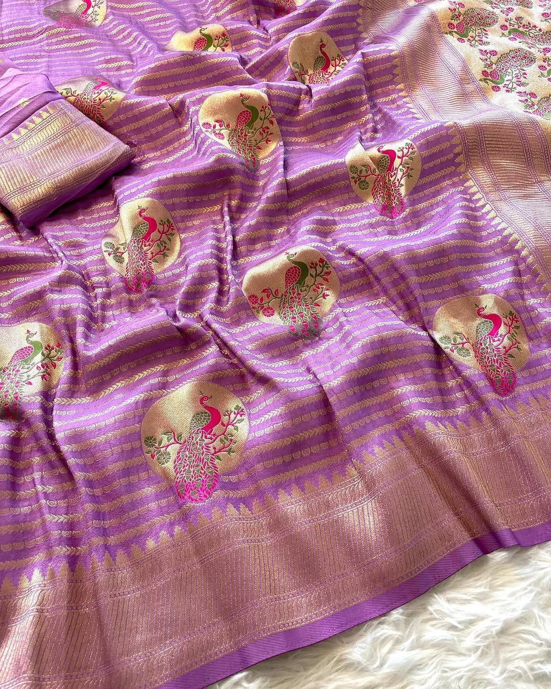 Eye-catching Lavender Soft Banarasi Silk Saree With Sophisticated Blouse Piece