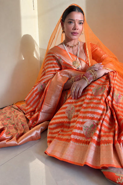 Bucolic Orange Soft Banarasi Silk Saree With Posh Blouse Piece