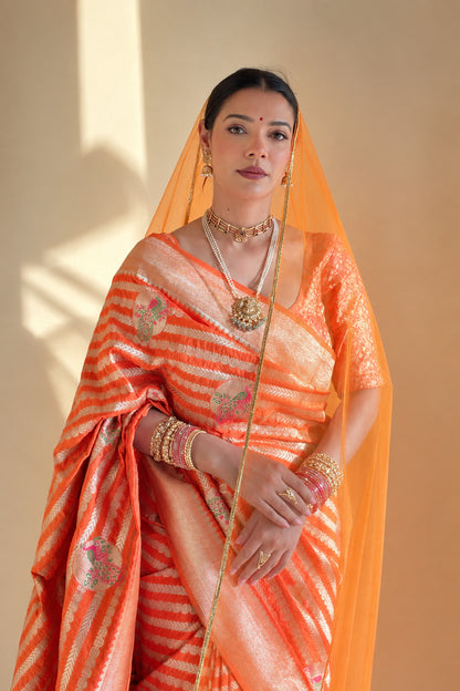 Bucolic Orange Soft Banarasi Silk Saree With Posh Blouse Piece