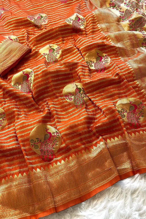 Load image into Gallery viewer, Bucolic Orange Soft Banarasi Silk Saree With Posh Blouse Piece
