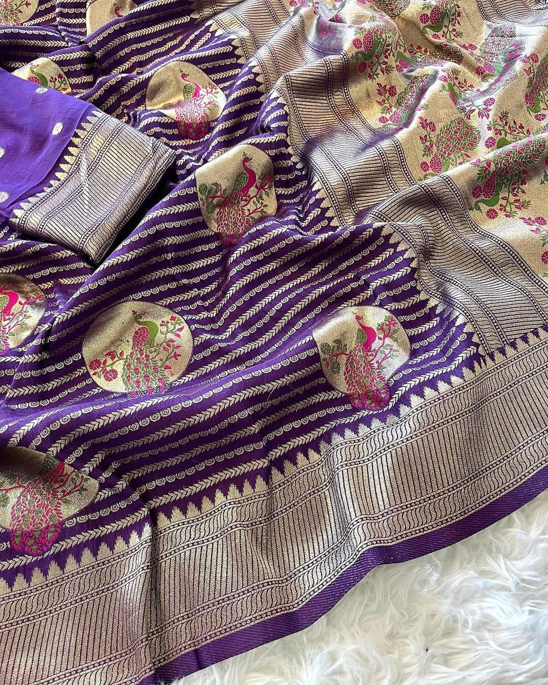 Epiphany Purple Soft Banarasi Silk Saree With Devastating Blouse Piece