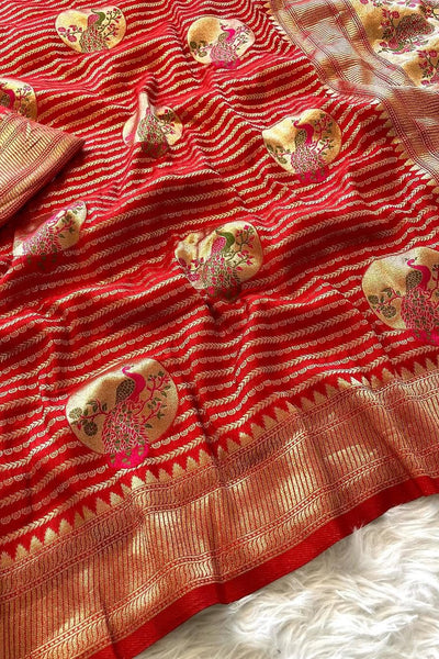 Demure Red Soft Banarasi Silk Saree With Petrichor Blouse Piece