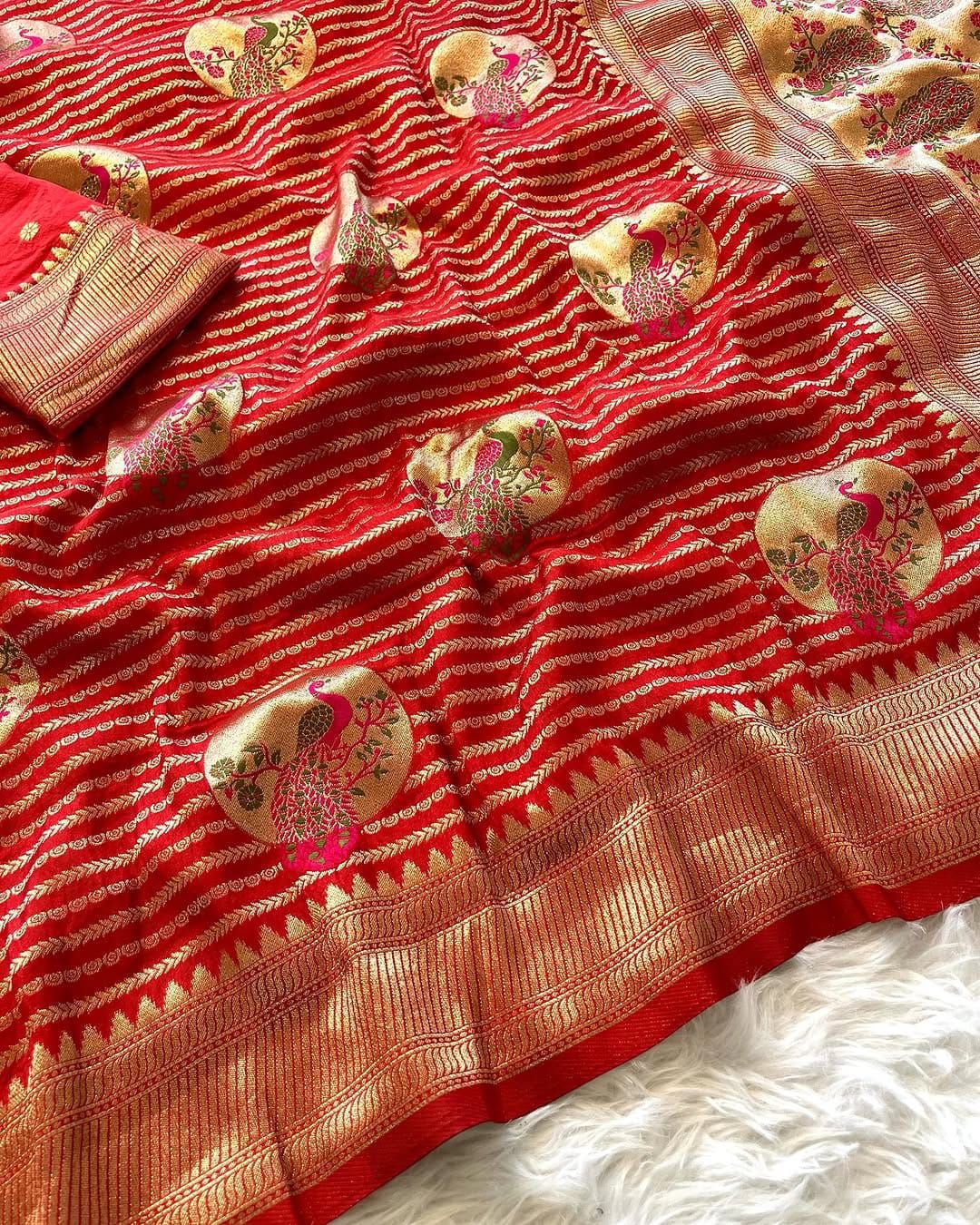 Demure Red Soft Banarasi Silk Saree With Petrichor Blouse Piece