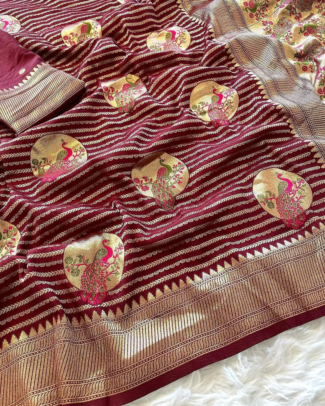 Tremendous Wine Soft Banarasi Silk Saree With Elaborate Blouse Piece