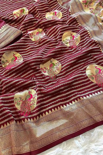 Tremendous Wine Soft Banarasi Silk Saree With Elaborate Blouse Piece