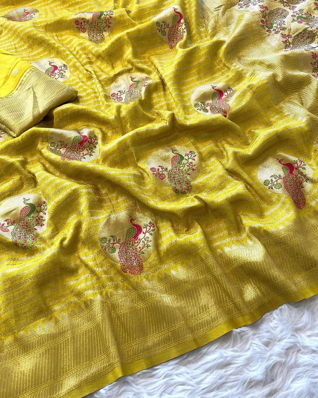 Grandiose Yellow Soft Banarasi Silk Saree With Vibrant Blouse Piece
