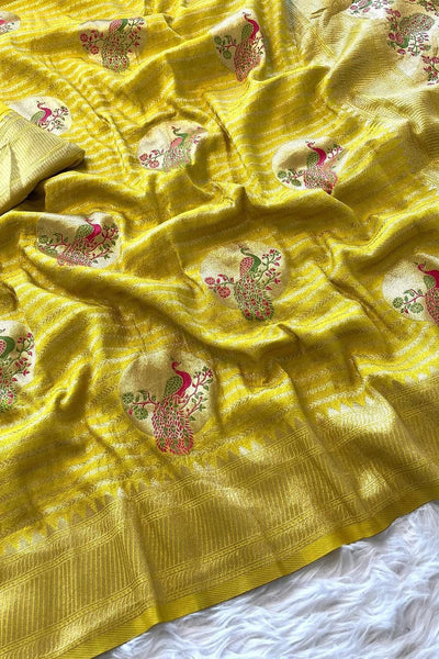 Grandiose Yellow Soft Banarasi Silk Saree With Vibrant Blouse Piece