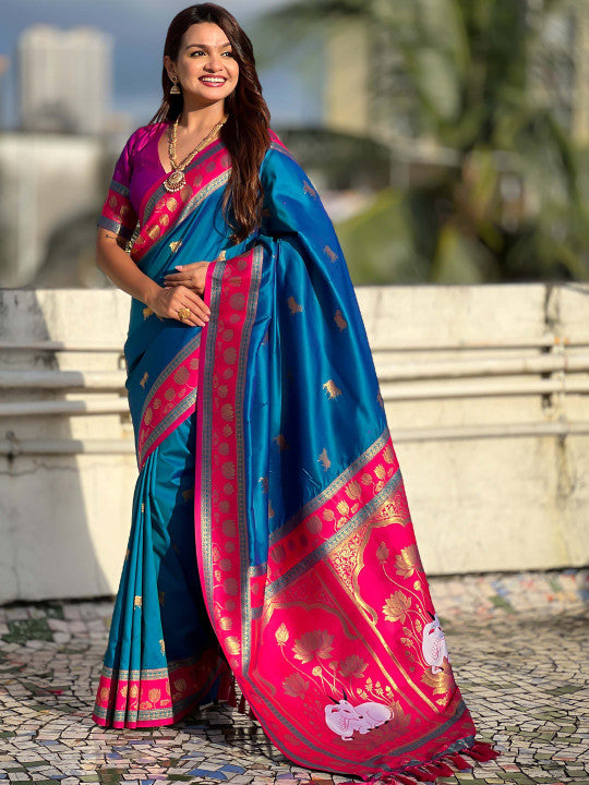 Improbable Blue Soft Banarasi Silk Saree With Capricious Blouse Piece