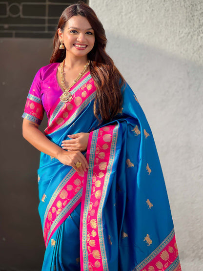Improbable Blue Soft Banarasi Silk Saree With Capricious Blouse Piece