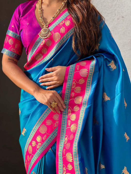 Improbable Blue Soft Banarasi Silk Saree With Capricious Blouse Piece