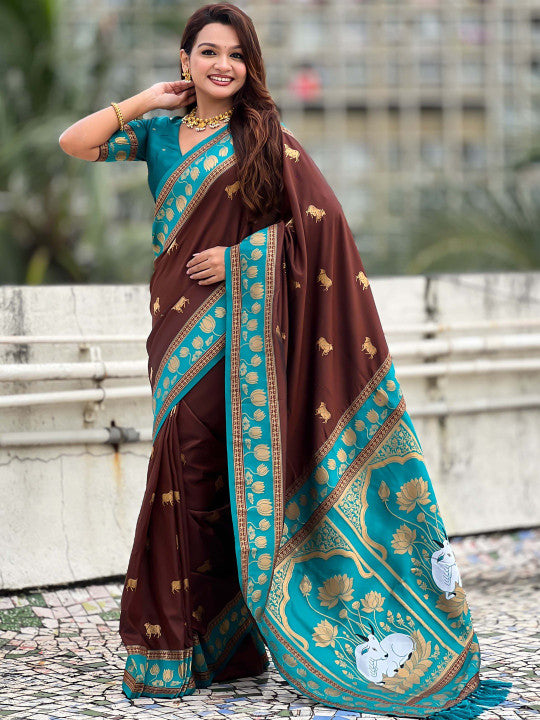 Glowing Brown Soft Banarasi Silk Saree With Glamorous Blouse Piece