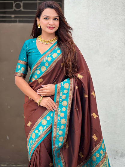 Glowing Brown Soft Banarasi Silk Saree With Glamorous Blouse Piece