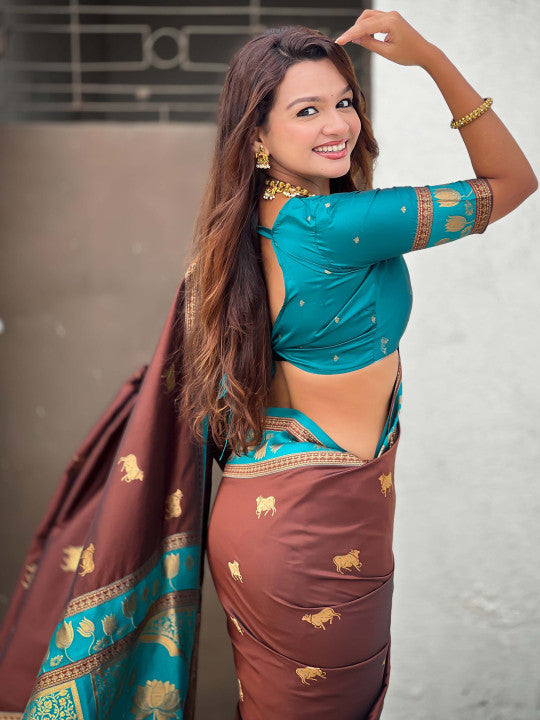 Glowing Brown Soft Banarasi Silk Saree With Glamorous Blouse Piece