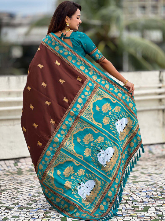 Glowing Brown Soft Banarasi Silk Saree With Glamorous Blouse Piece
