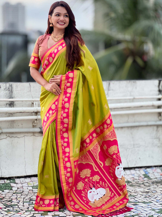 Palimpsest Mehndi Soft Banarasi Silk Saree With Aplomb Blouse Piece