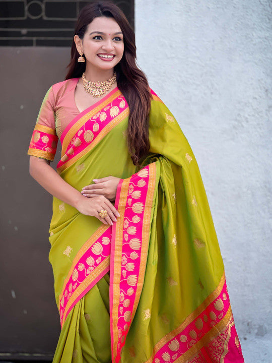 Palimpsest Mehndi Soft Banarasi Silk Saree With Aplomb Blouse Piece