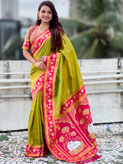 Palimpsest Mehndi Soft Banarasi Silk Saree With Aplomb Blouse Piece