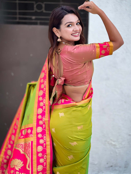 Palimpsest Mehndi Soft Banarasi Silk Saree With Aplomb Blouse Piece