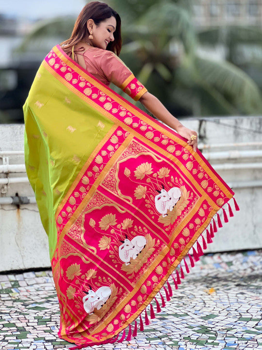 Palimpsest Mehndi Soft Banarasi Silk Saree With Aplomb Blouse Piece