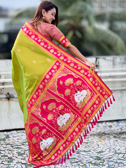 Palimpsest Mehndi Soft Banarasi Silk Saree With Aplomb Blouse Piece