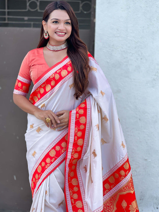 Phenomenal Off White Soft Banarasi Silk Saree With Ravishing Blouse Piece