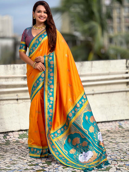 Ephemeral Orange Soft Banarasi Silk Saree With Breathtaking Blouse Piece